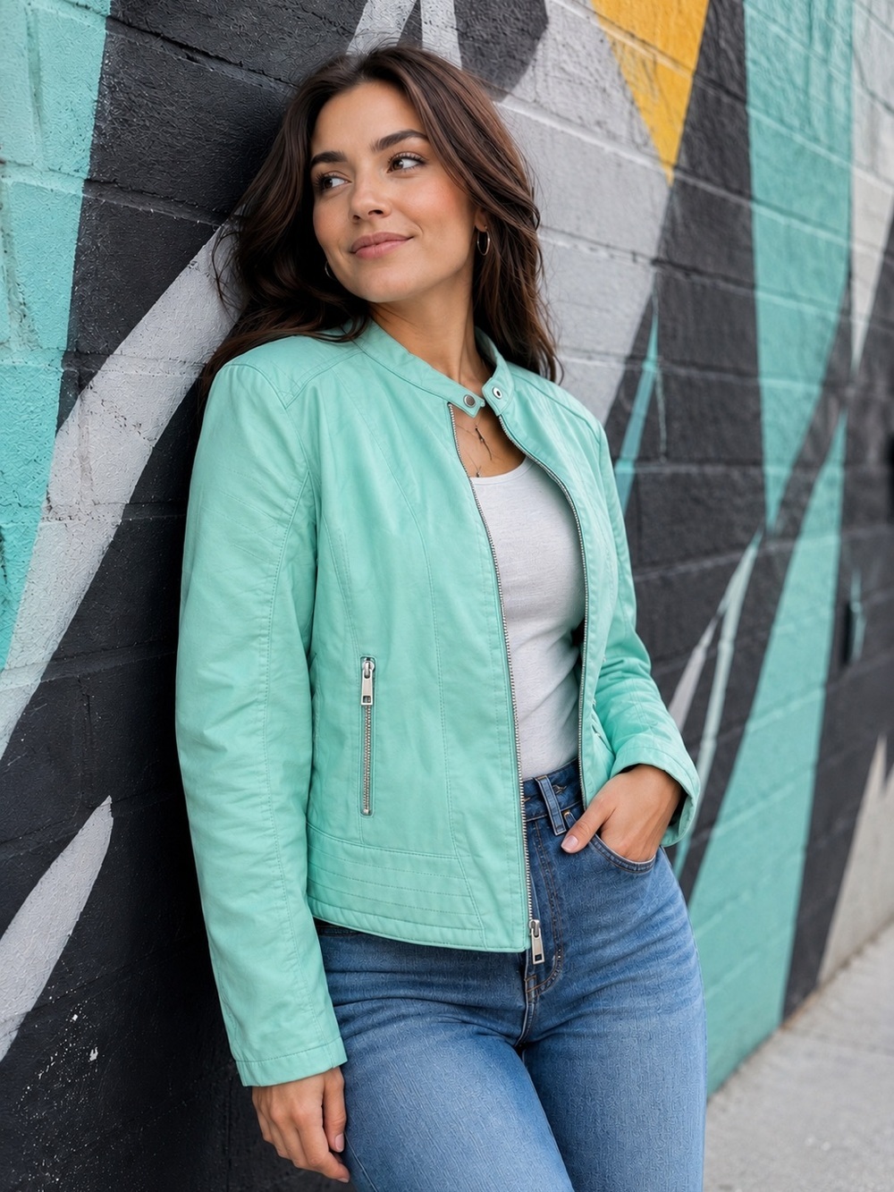 NEW Palomares Mint Green Faux Leather Faux Fur Lined Moto Zip Up Jacket